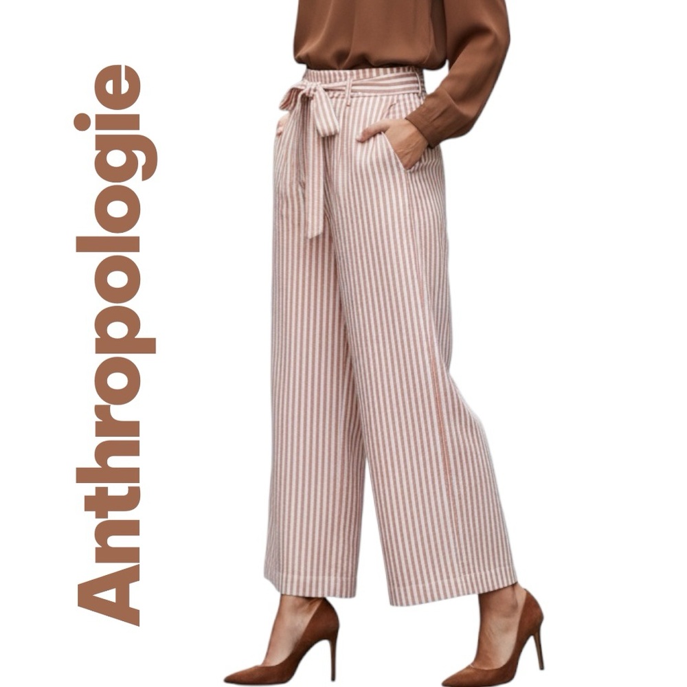 Anthropologie Line & Dot Pants Stripes Pull On Elastic Waist Belt Palazzo NEW
